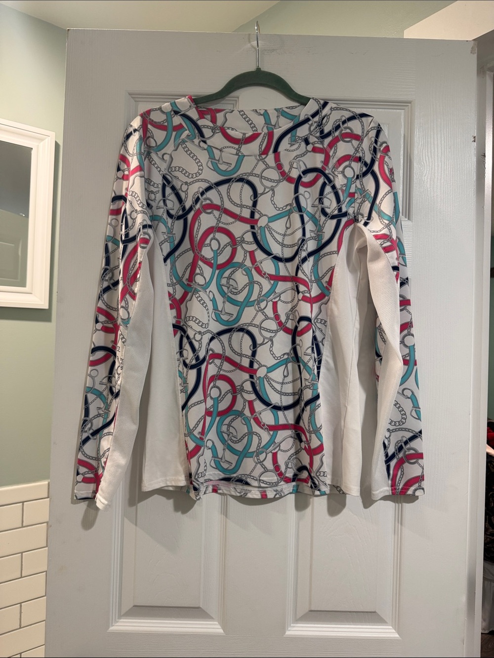 White Long-Sleeve Printed Chain-Detail Tee with Navy & Teal Accents